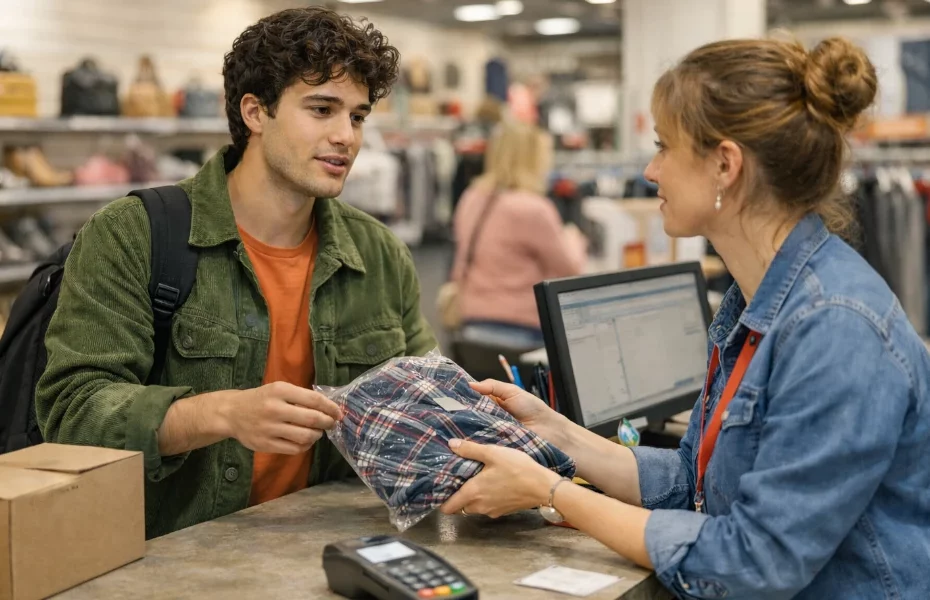 jeune homme demandant le remboursement d'une chemise dans un magasin