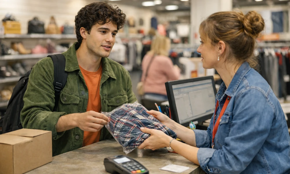 jeune homme demandant le remboursement d'une chemise dans un magasin