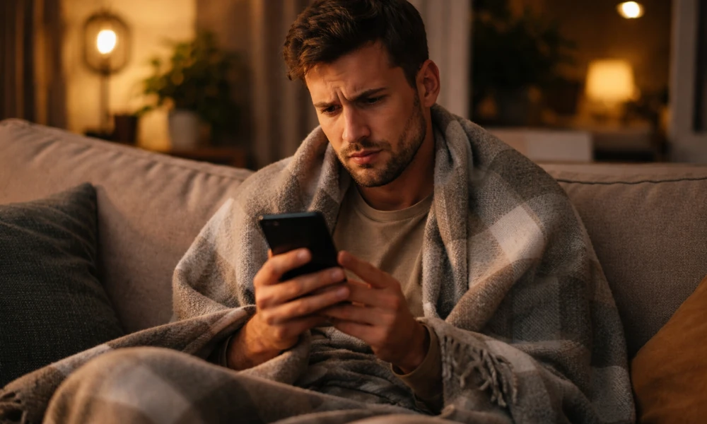 homme sur son canapé, rencontrant des bugs sur l'appli Adopte