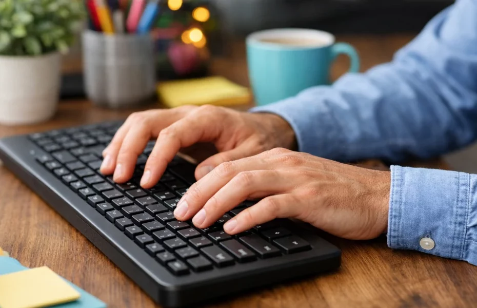 mains d'un homme envoyant un mail de réclamation à Allianz