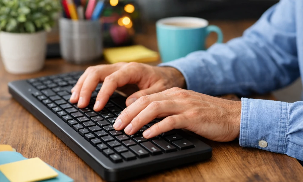 mains d'un homme envoyant un mail de réclamation à Allianz