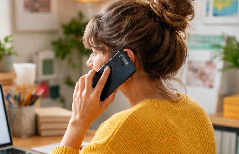 femme faisant une réclamation à Alpha Crédit par téléphone