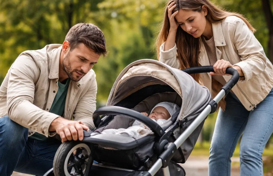 couple rencontrant un problème avec la poussette de leur bébé