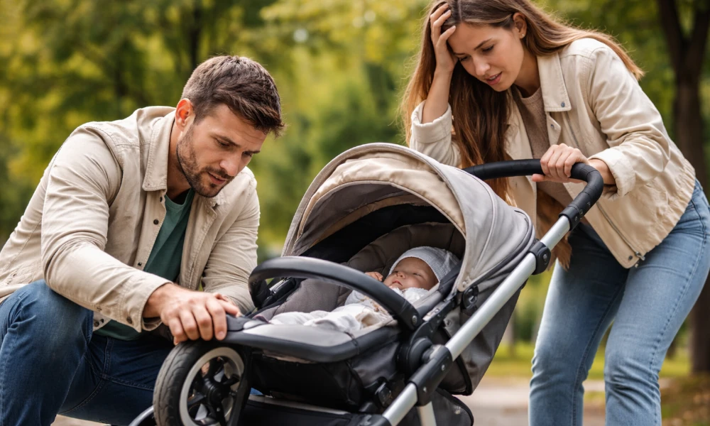 couple rencontrant un problème avec la poussette de leur bébé