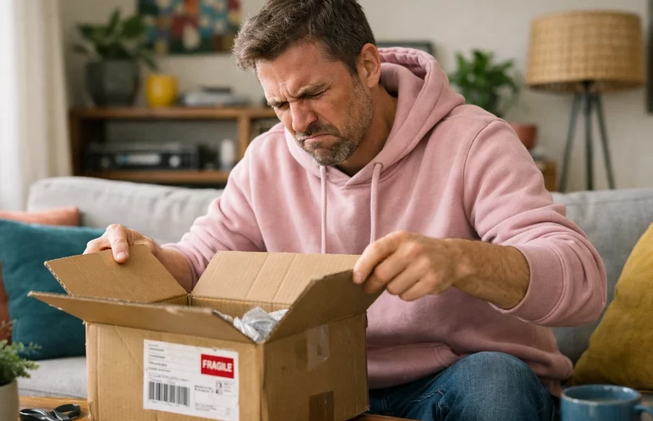 homme mécontent de l'état de son colis Chronopost