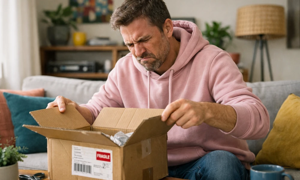 homme mécontent de l'état de son colis Chronopost