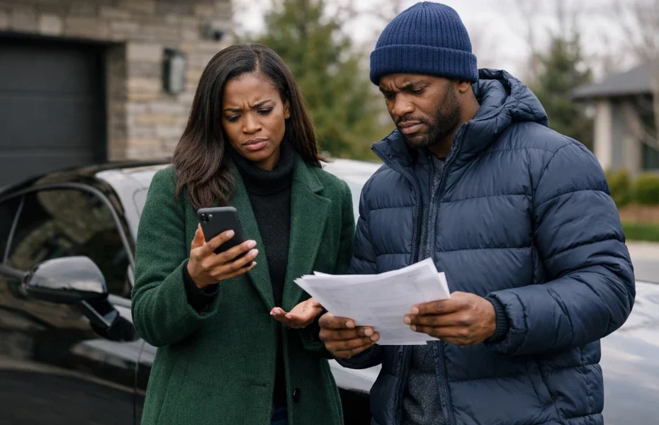 couple avec des documents à la main, contactant Cupra via un smartphone