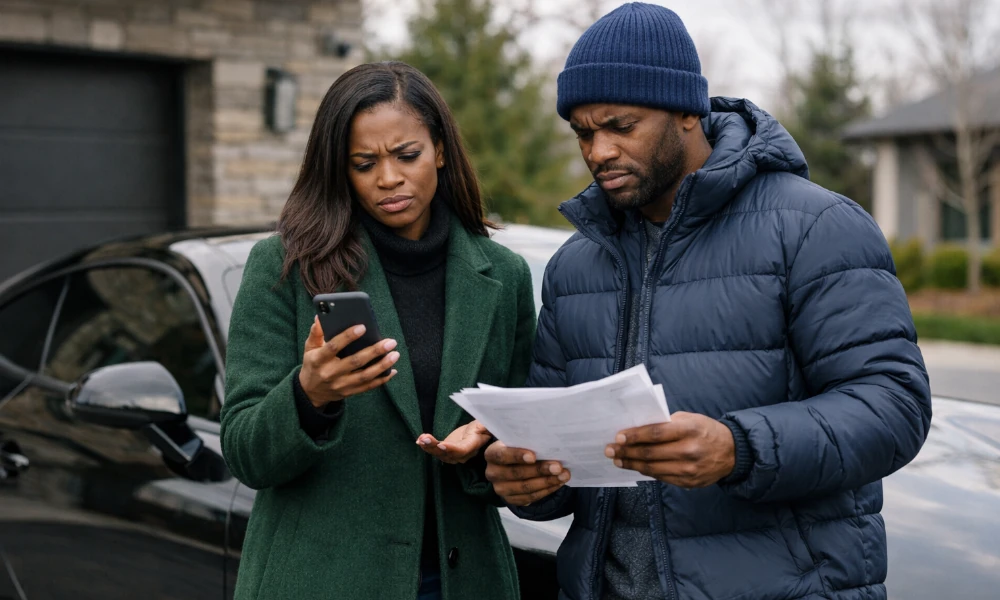 couple avec des documents à la main, contactant Cupra via un smartphone