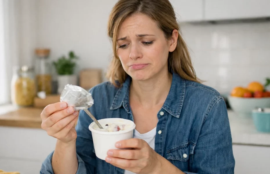 femme déçue par son yaourt Danone