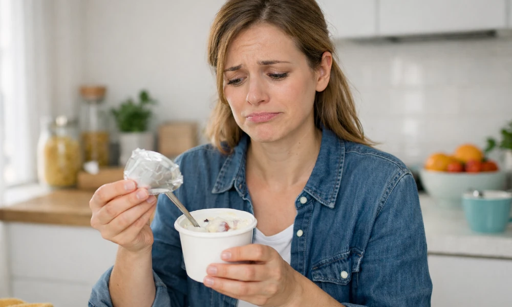 femme déçue par son yaourt Danone