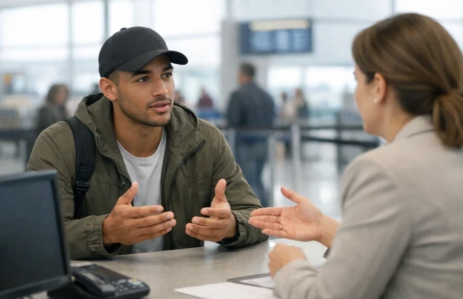 homme faisant une réclamation au comptoir de la compagnie aérienne Delta Air Lines