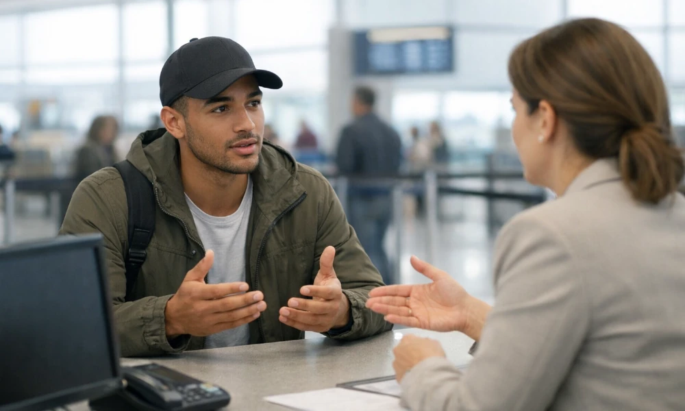 homme faisant une réclamation au comptoir de la compagnie aérienne Delta Air Lines