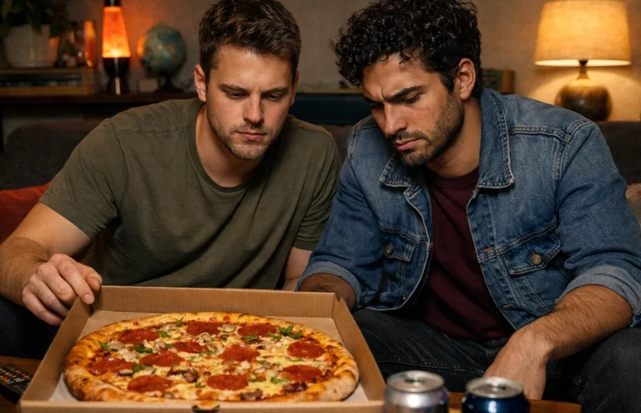 deux hommes déçus par leur pizza Domino's Pizza