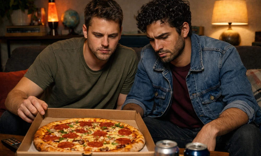deux hommes déçus par leur pizza Domino's Pizza