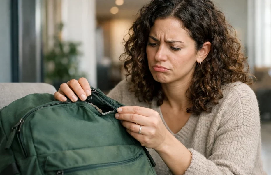 femme constatant un défaut sur son sac à dos Eastpak