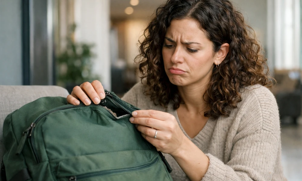 femme constatant un défaut sur son sac à dos Eastpak