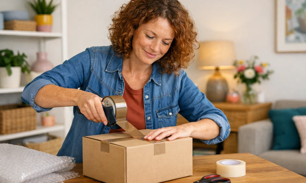 femme préparant un colis qu'elle va renvoyer à eBay