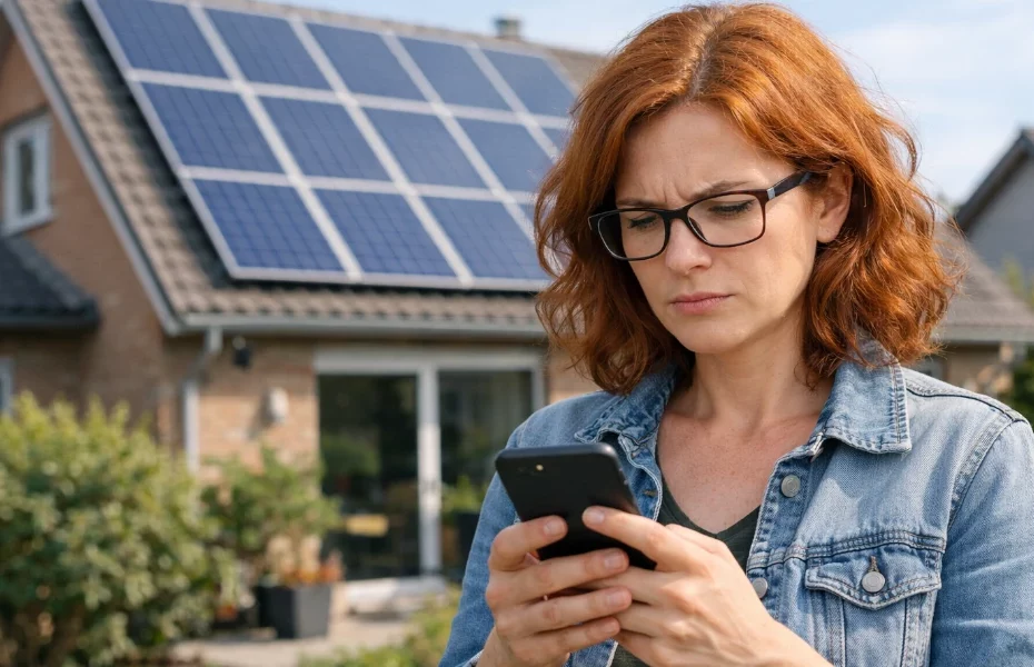 femme devant sa maison avec panneaux solaires, faisant une réclamation à Enerdeal via son smartphone
