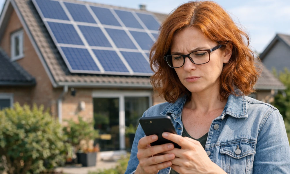 femme devant sa maison avec panneaux solaires, faisant une réclamation à Enerdeal via son smartphone