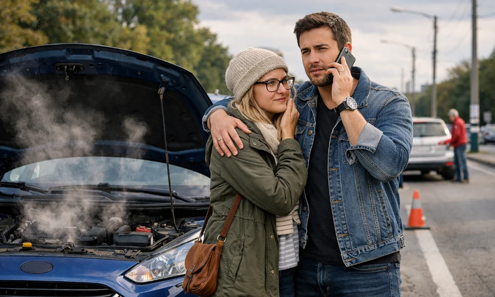 couple au téléphone et en panne au bord de la route avec leur Kia