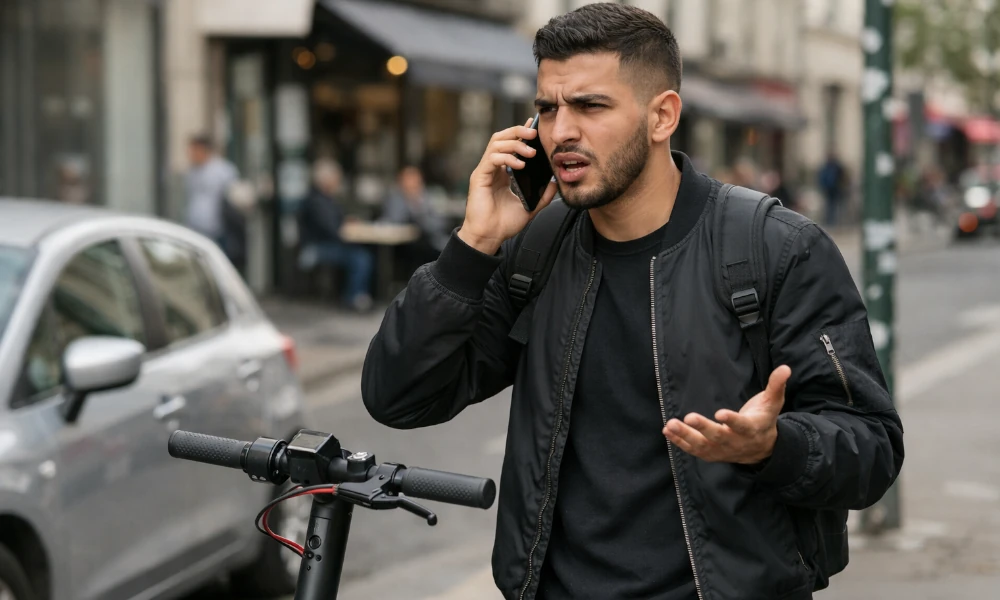 homme faisant une réclamation à Micro Mobility au téléphone au sujet de sa trottinette électrique