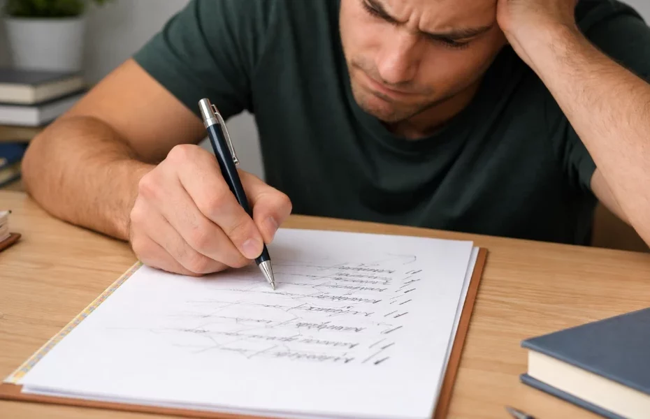 homme essayant d'écrire avec un stylo Pilot qui ne fonctionne pas
