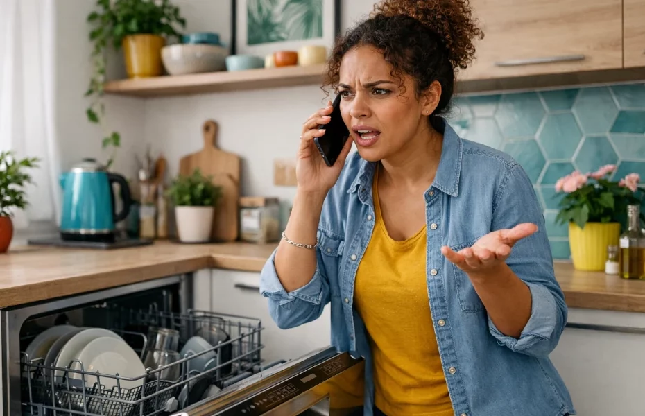 femme faisant une réclamation au sujet de son lave-vaisselle Whirlpool par téléphone
