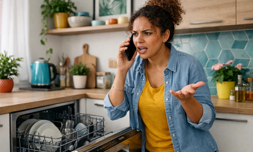 femme faisant une réclamation au sujet de son lave-vaisselle Whirlpool par téléphone