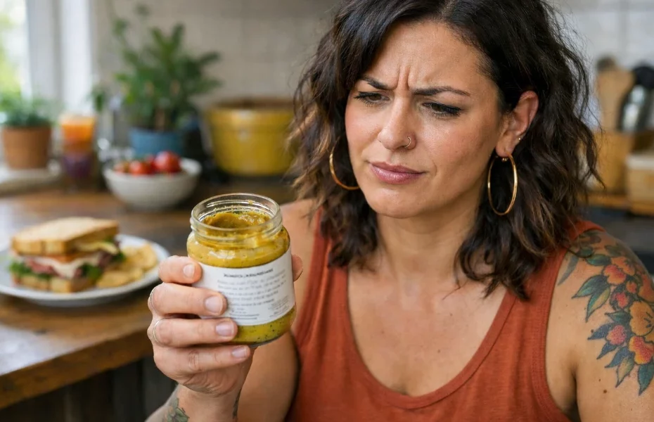 femme vérifiant l'étiquette de son pot de moutarde Bister