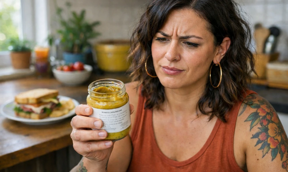 femme vérifiant l'étiquette de son pot de moutarde Bister