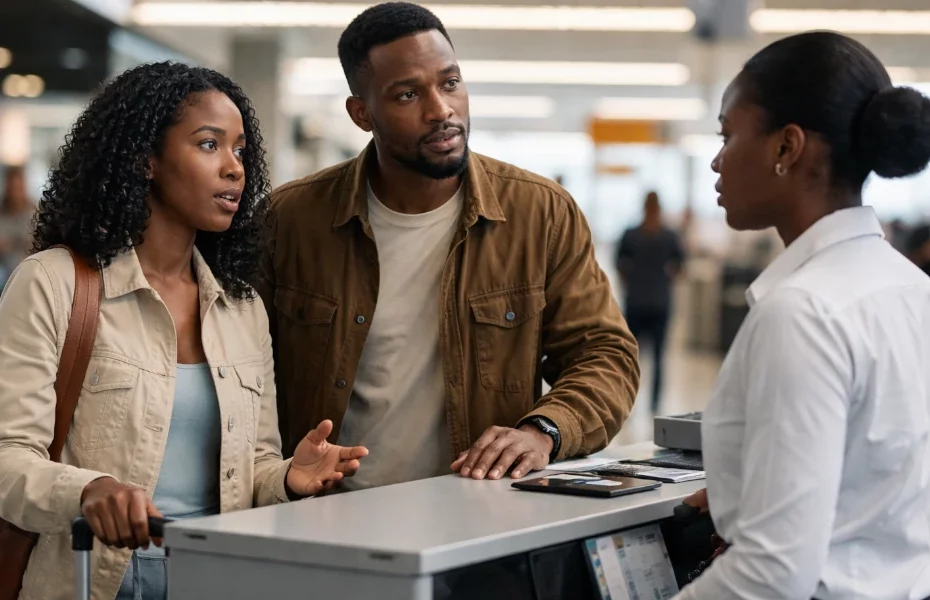 couple discutant avec une conseillère British Airways à l'aéroport