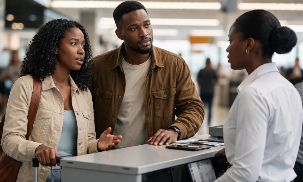 couple discutant avec une conseillère British Airways à l'aéroport