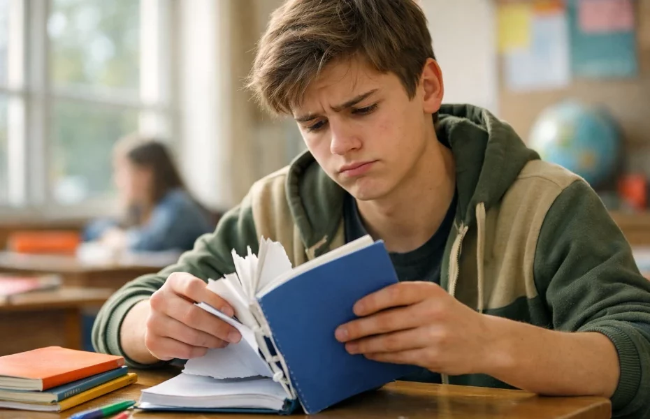 étudiant en cours, tenant un cahier Clairefontaine détérioré