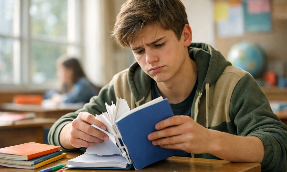 étudiant en cours, tenant un cahier Clairefontaine détérioré