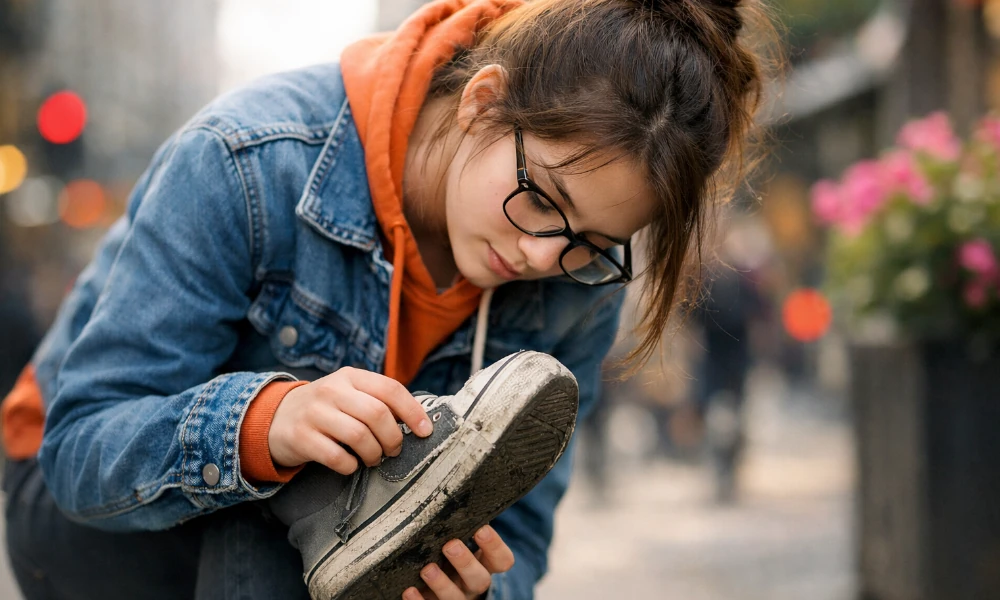 femme remarquant un problème sur une Converse
