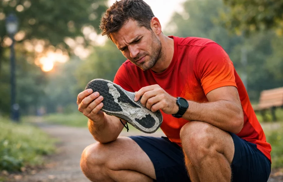 homme constatant un défaut de fabrication sur une basket achetée chez Decathlon