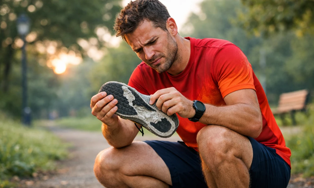 homme constatant un défaut de fabrication sur une basket achetée chez Decathlon