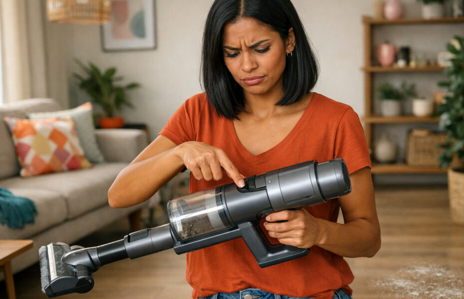 femme ne parvenant pas à faire fonctionner son aspirateur Dyson