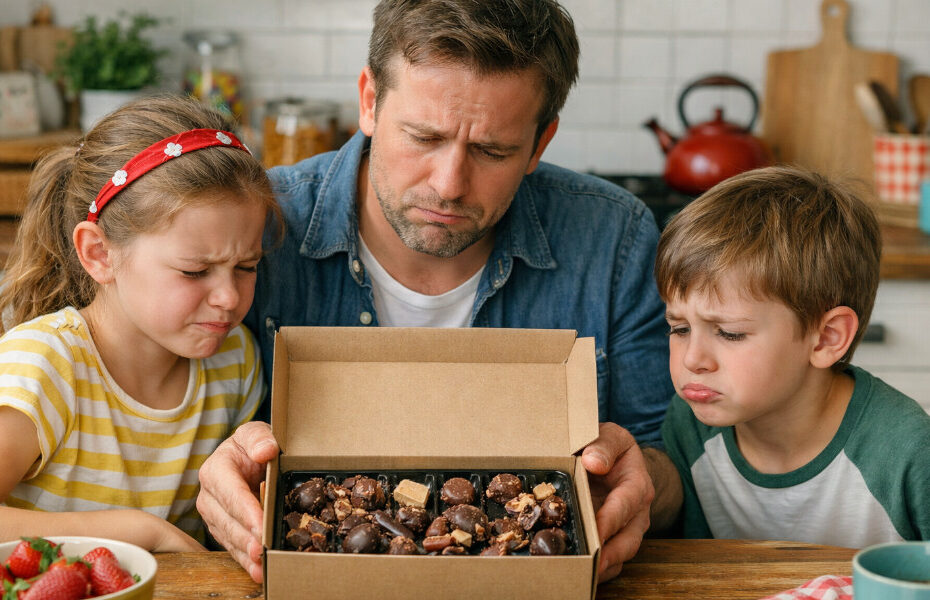 un père et ses 2 enfants ayant reçu des chocolats Ferrero en mauvais état