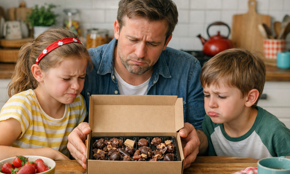 un père et ses 2 enfants ayant reçu des chocolats Ferrero en mauvais état