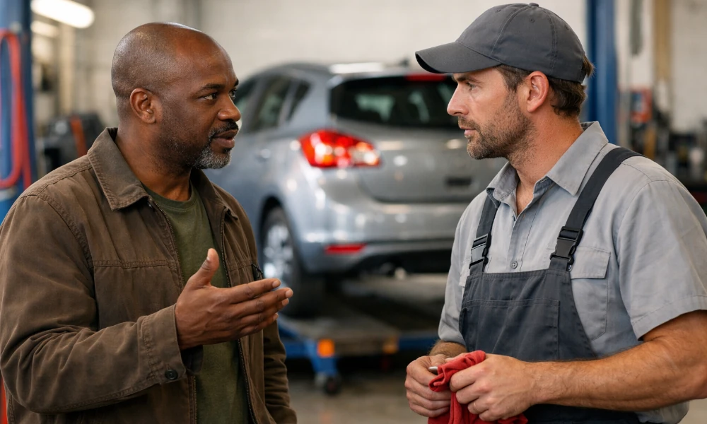 homme dans une concession Fiat pour faire une réclamation