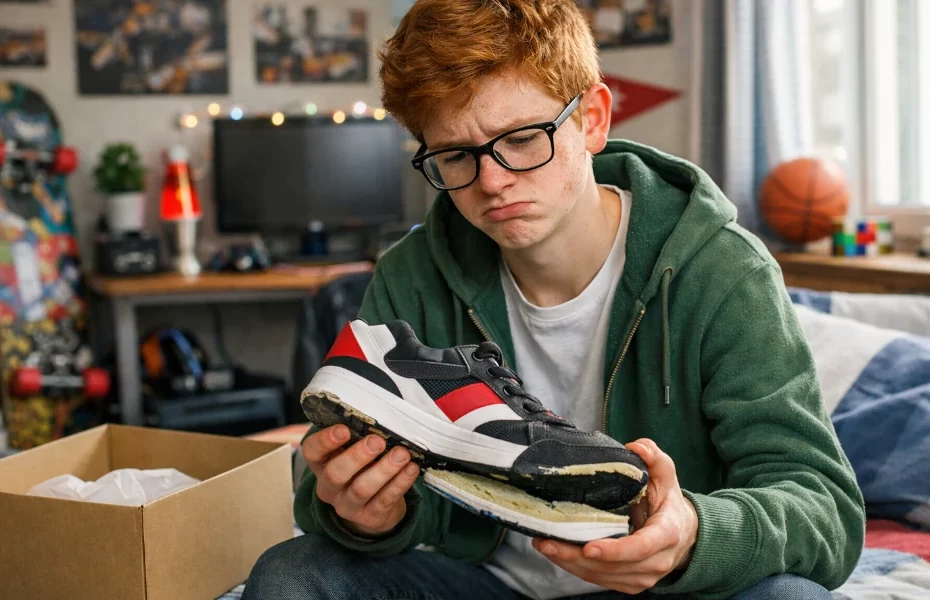 adolescent ayant reçu des baskets de Foot Locker dont la semelle se décolle