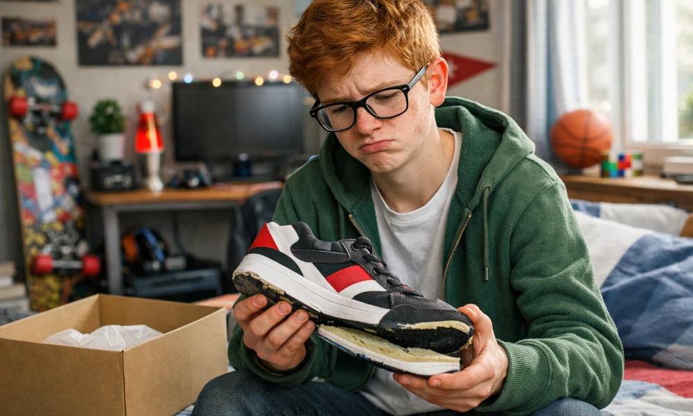 adolescent ayant reçu des baskets de Foot Locker dont la semelle se décolle