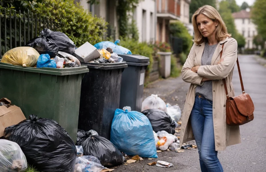 femme constatant de nombreux déchets non collectés par Intradel dans une rue