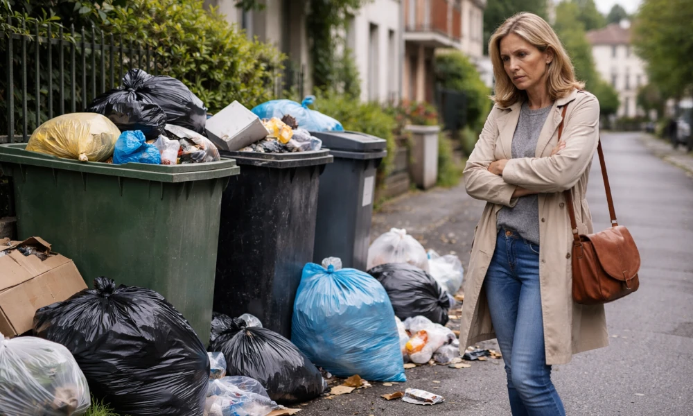 femme constatant de nombreux déchets non collectés par Intradel dans une rue