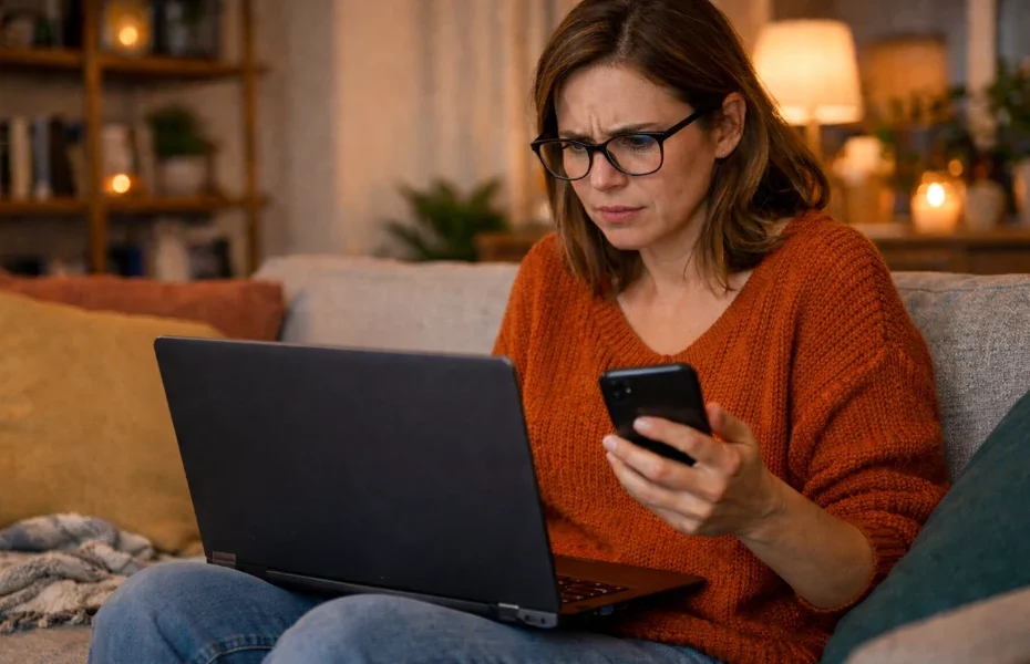 femme faisant une réclamation à PayPal avec son ordinateur et son smartphone