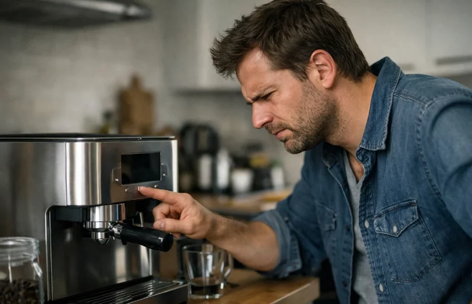 homme n'arrivant pas à faire fonctionner sa machine à café Philips