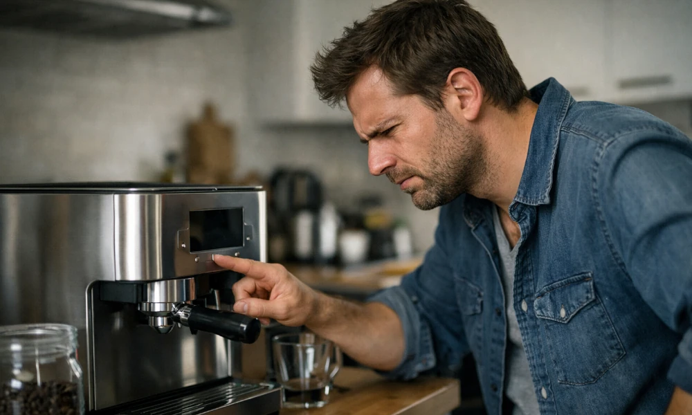 homme n'arrivant pas à faire fonctionner sa machine à café Philips