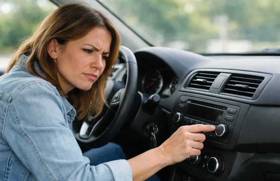 femme rencontrant des soucis techniques en écoutant Radio Contact dans sa voiture