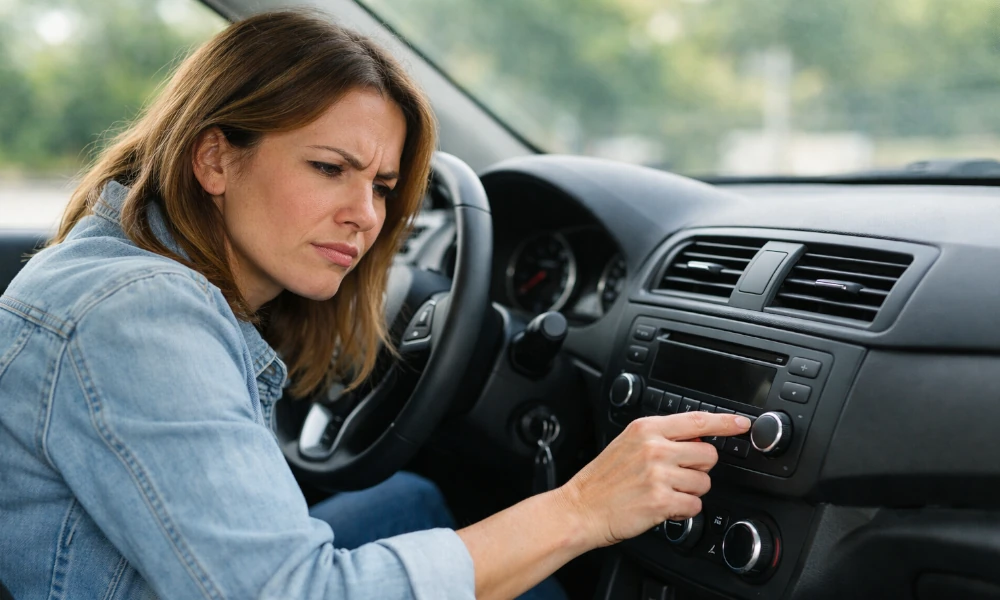 femme rencontrant des soucis techniques en écoutant Radio Contact dans sa voiture